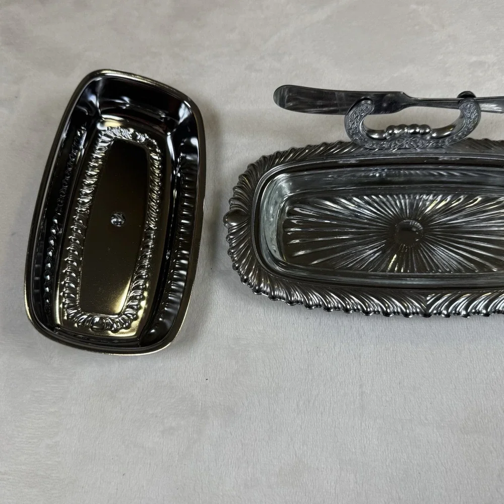 Vintage Irvinware USA Chrome Butter Dish Glass Insert Lid Knife Spreader